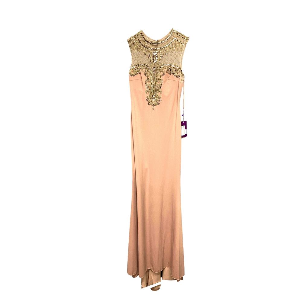 Abby Paris by Lucci Lu 93010, Sleeveless Full Length Dress, Mocha/Beige, Size 8